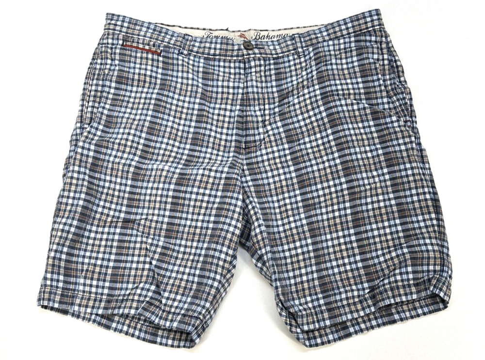 Tommy Bahama Zip Flat Front 55% Linen 45% Tencel Shorts Men’s 38 Navy Plaid